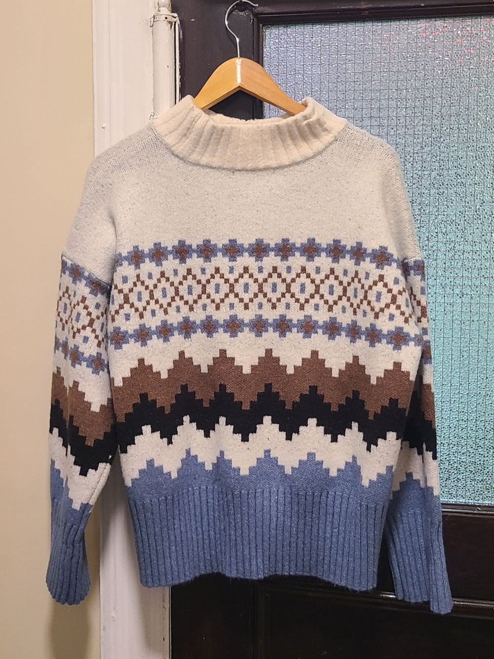 Joseph Cream, Blue and Brown Fair Isle Turtleneck Sweater
